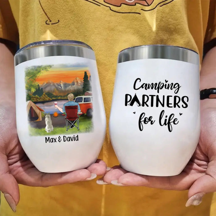 Personalized Wine Tumbler, Man Camping With Dogs, Gift For Campers, Gift For Dog Lovers