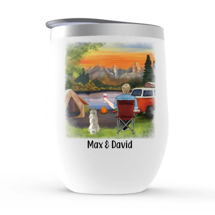 Personalized Wine Tumbler, Man Camping With Dogs, Gift For Campers, Gift For Dog Lovers