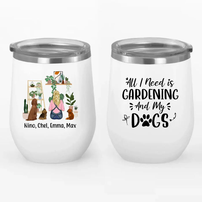 Personalized Wine Tumbler, A Girl Gardening With Dogs, Gift For Gardeners And Dog Lovers