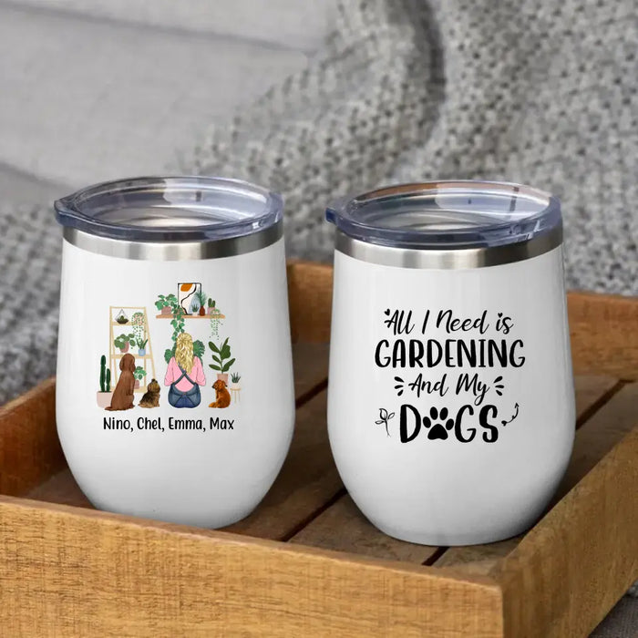 Personalized Wine Tumbler, A Girl Gardening With Dogs, Gift For Gardeners And Dog Lovers