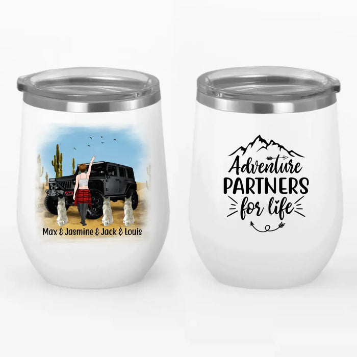 Personalized Wine Tumbler, Adventure Girl With Cats And Dogs, Custom Gift For Dogs and Car Lovers