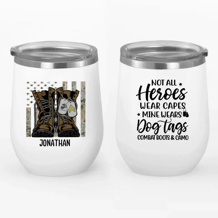 Personalized Wine Tumbler, Military Dog Tag, Combat Boots And Camo, Gifts For People In The Military