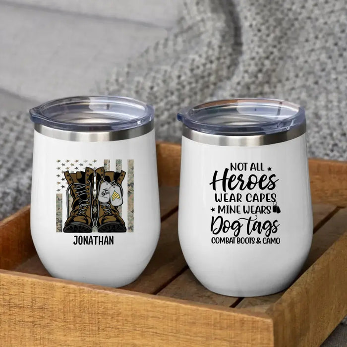 Personalized Wine Tumbler, Military Dog Tag, Combat Boots And Camo, Gifts For People In The Military