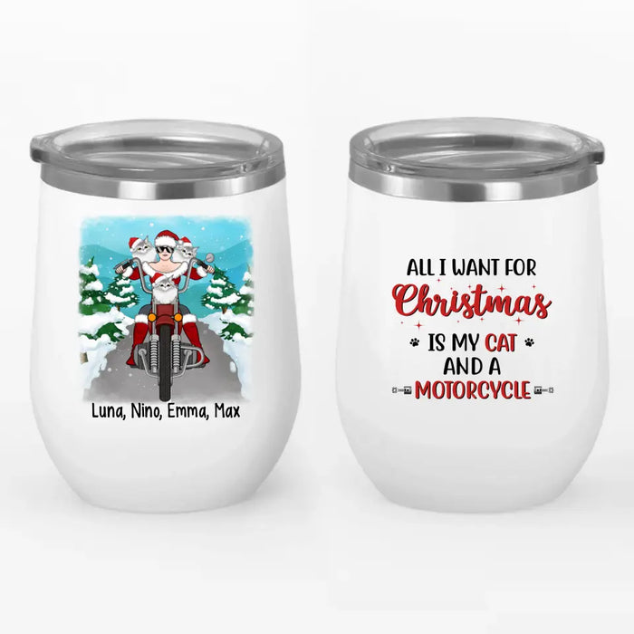 Personalized Wine Tumbler, Motorcycle Girl With Cats, Christmas Gift For Bikers And Cat Lovers