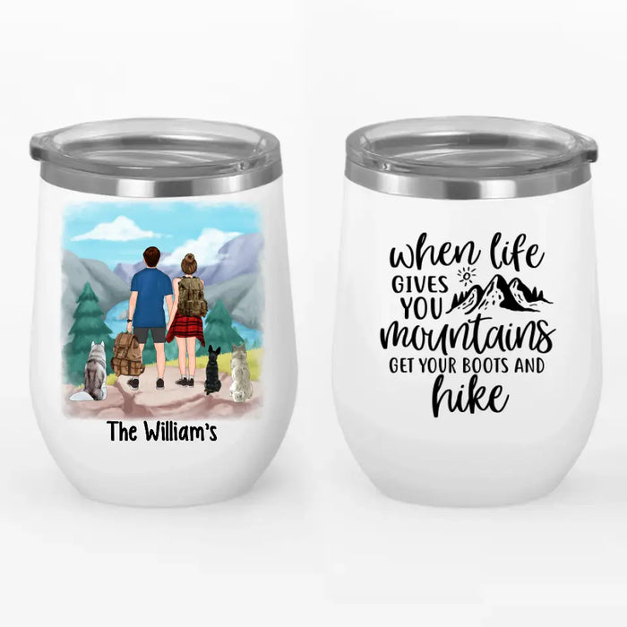 Personalized Wine Tumbler, Hiking Couple With Dogs, Gift For Hikers And Dog Lovers