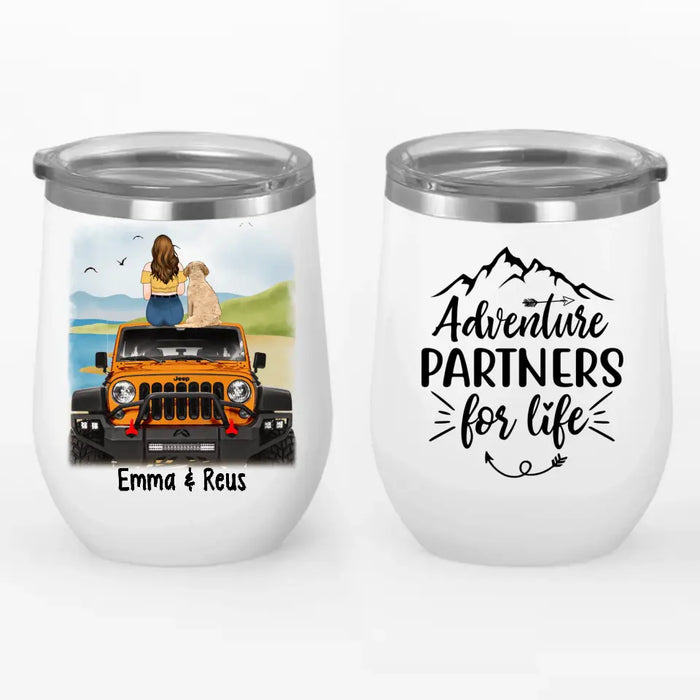 Personalized Wine Tumbler, Girl With Pets Sitting On Car - Adventure Partners For Life, Gift For Car Lovers, Dog Lovers, Cat Lovers