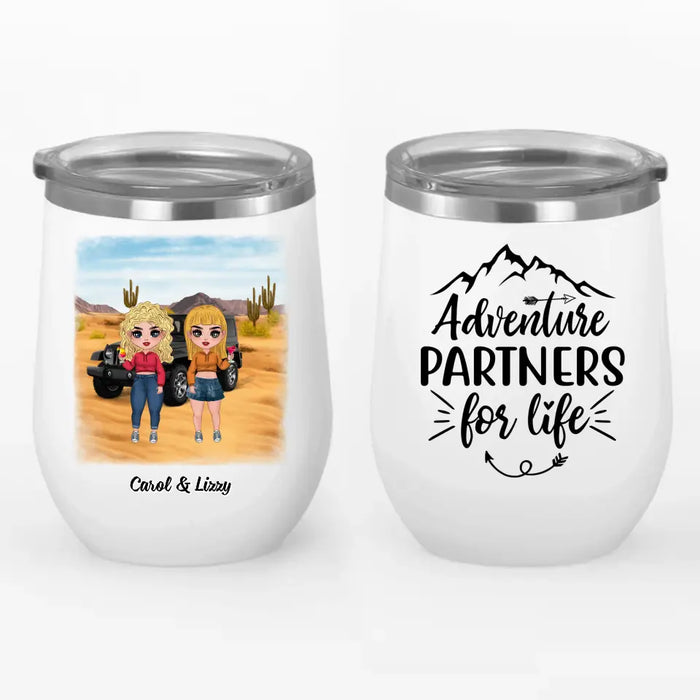 Personalized Wine Tumbler, Up To 5 Girls, Adventure Partners For Life, Chibi Sisters, Gift For Sisters, Friends, Sports Car Fans