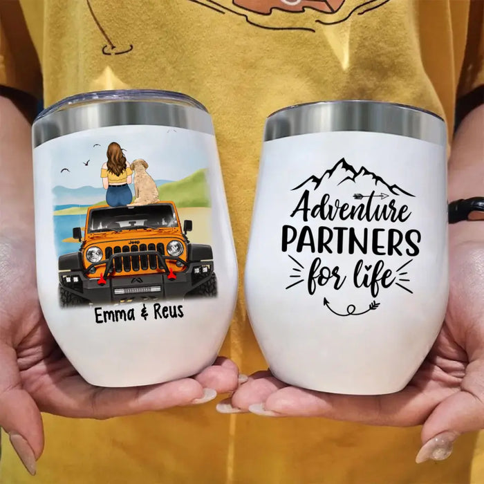 Personalized Wine Tumbler, Girl With Pets Sitting On Car - Adventure Partners For Life, Gift For Car Lovers, Dog Lovers, Cat Lovers