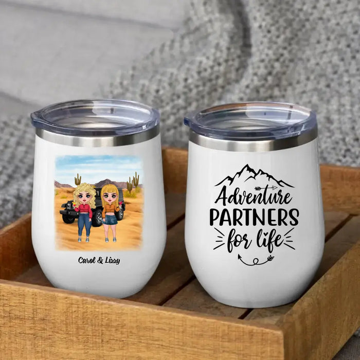 Personalized Wine Tumbler, Up To 5 Girls, Adventure Partners For Life, Chibi Sisters, Gift For Sisters, Friends, Sports Car Fans