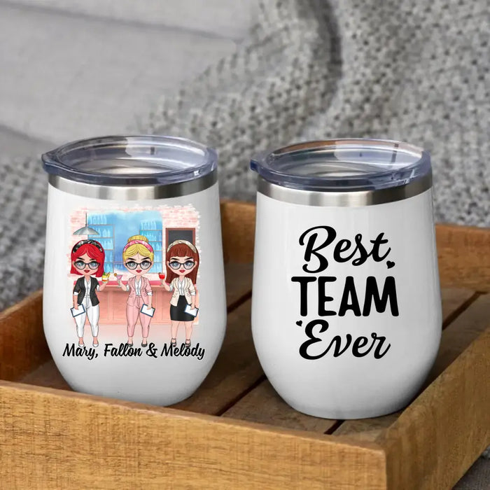 Personalized Wine Tumbler, Up To 3 Women, Gift For Sisters, Friends, Colleagues, Best Team Ever, Chibi Coworkers At Cocktail Bar