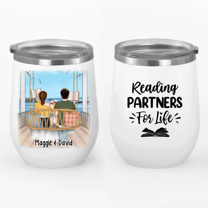 Personalized Wine Tumbler, Reading Book On Swing, Couple Friends Sisters Gift, Gift For Reading Lovers, Book Lovers