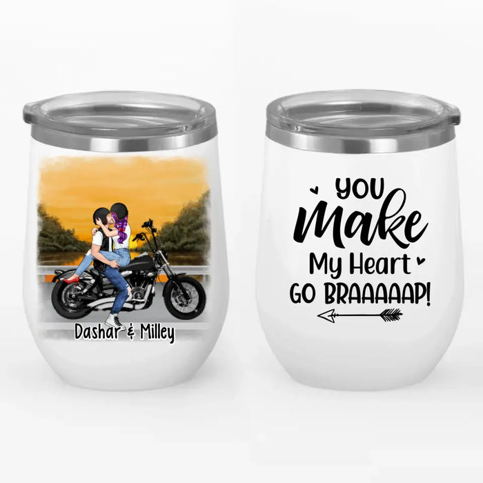 Kissing Motorcycle Couple - Personalized Wine Tumbler For Him, For Her, Motorcycle Lovers