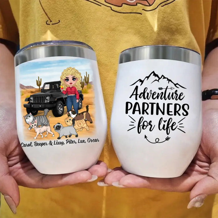 Adventure Partners For Life - Personalized Wine Tumbler For Her, Cat Lovers, Chibi