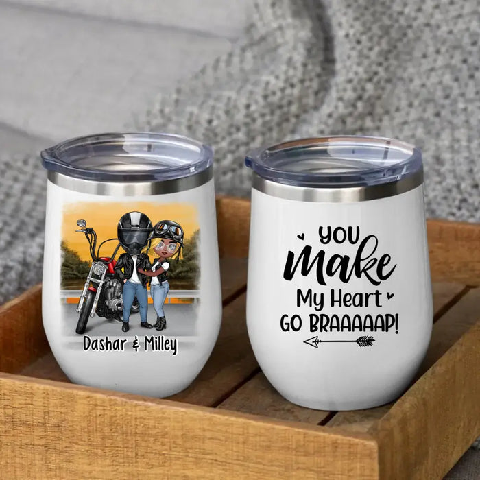 Motorcycle Couple Hugging, Riding Partners - Personalized Wine Tumbler For Motorcycle Lovers, Bikers