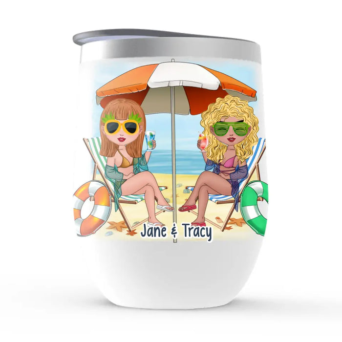 Friends, Sun, Sand, and Sea - Personalized Gifts Custom Beach Wine Tumbler for Sisters and Friends, Beach Lovers