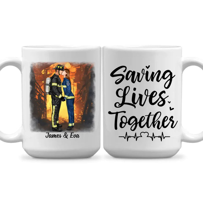 Saving Lives Kissing Couple - Personalized Mug Firefighter, EMS, Nurse, Police Officer, Military