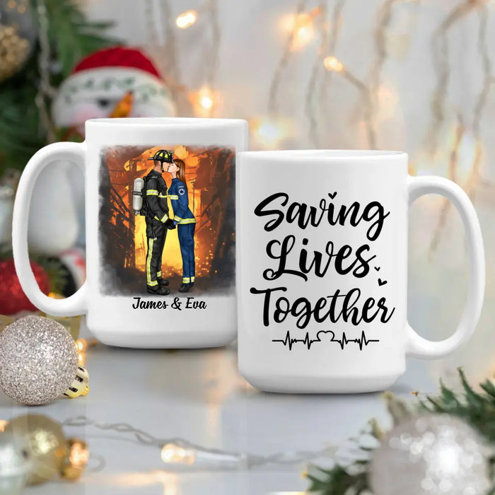 Saving Lives Kissing Couple - Personalized Mug Firefighter, EMS, Nurse, Police Officer, Military