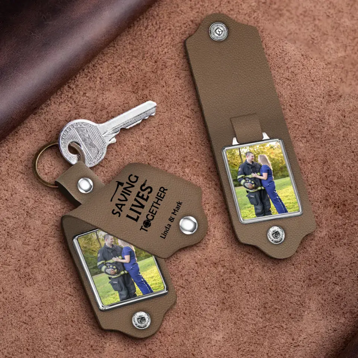 Saving Lives Together - Personalized Photo Upload Gifts Custom Leather Keychain For Firefighter Couples