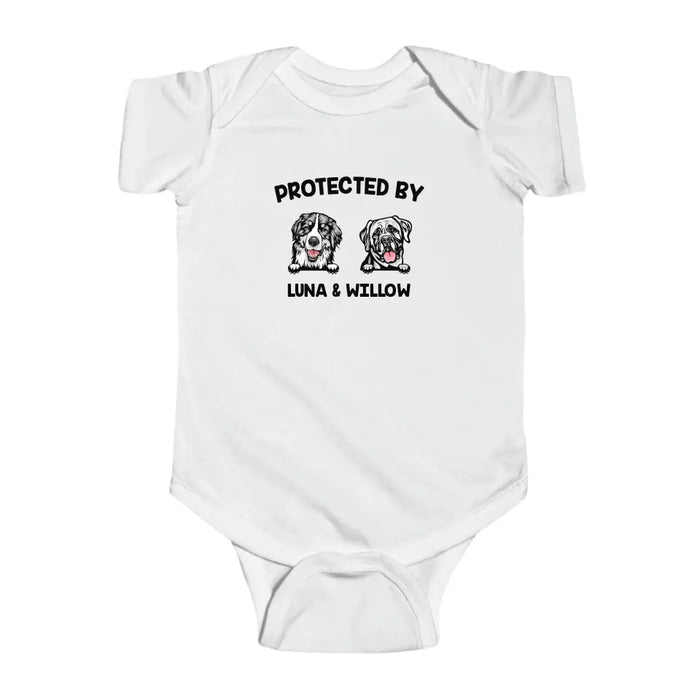 Protected By My Dog Onesie, Custom Dog Baby Onesie, Baby Shower Gift, Dog Name Onesie, Personalized Baby Onesie