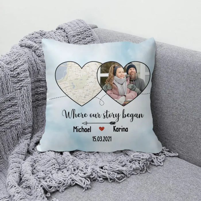 Where Our Story Began - Personalized Photo Upload Gift Custom Map Print Pillow, Gifts For Him Her For Couples