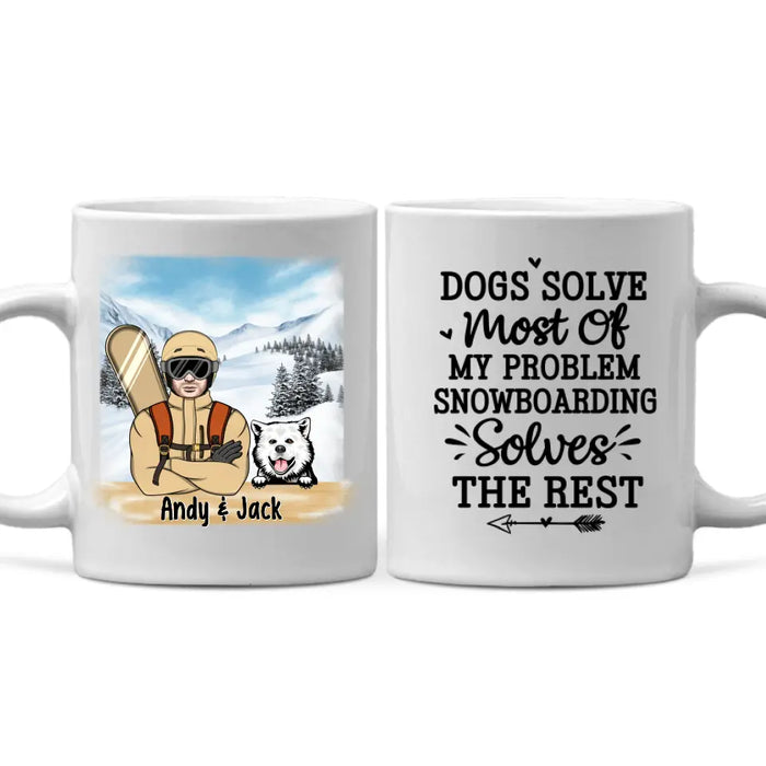 Personalized Mug, Snowboarding Man With Dogs, Gift For Snowboarders And Dog Lovers