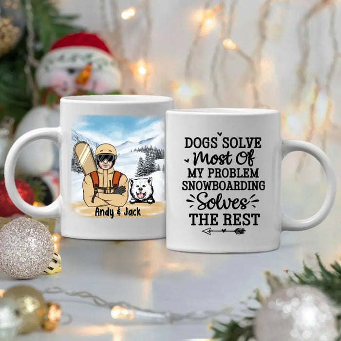 Personalized Mug, Snowboarding Man With Dogs, Gift For Snowboarders And Dog Lovers