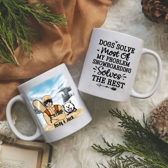 Personalized Mug, Snowboarding Man With Dogs, Gift For Snowboarders And Dog Lovers