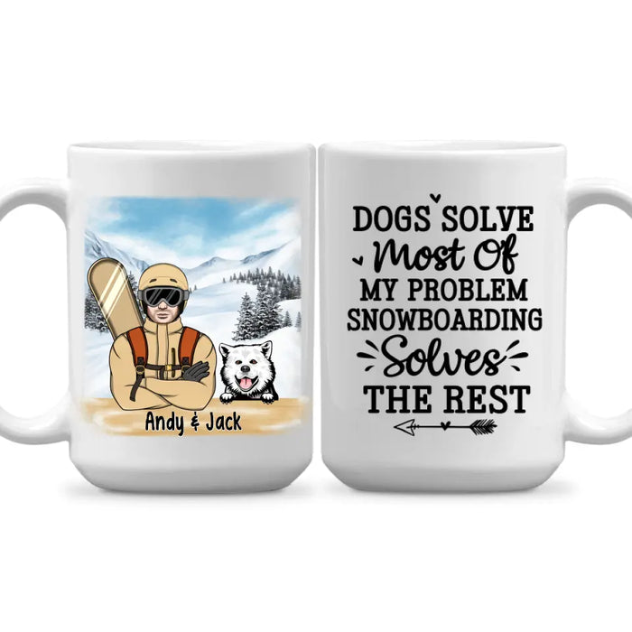 Personalized Mug, Snowboarding Man With Dogs, Gift For Snowboarders And Dog Lovers