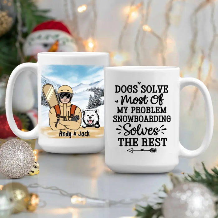 Personalized Mug, Snowboarding Man With Dogs, Gift For Snowboarders And Dog Lovers