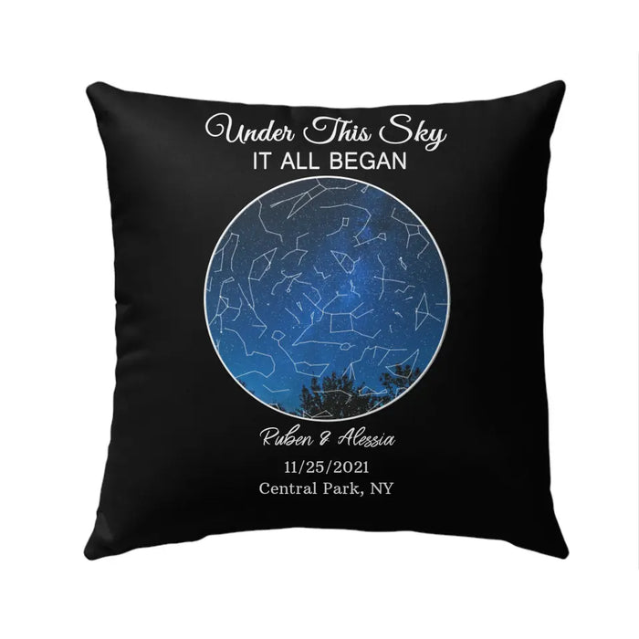 Under This Sky It All Began - Personalized Photo Upload Gifts Custom Map Print Pillow For Couples, Sky Star Map Pillow