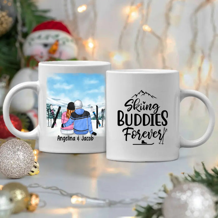 Skiing Couple Sitting Together - Personalized Mug For Her, Him, Skiing