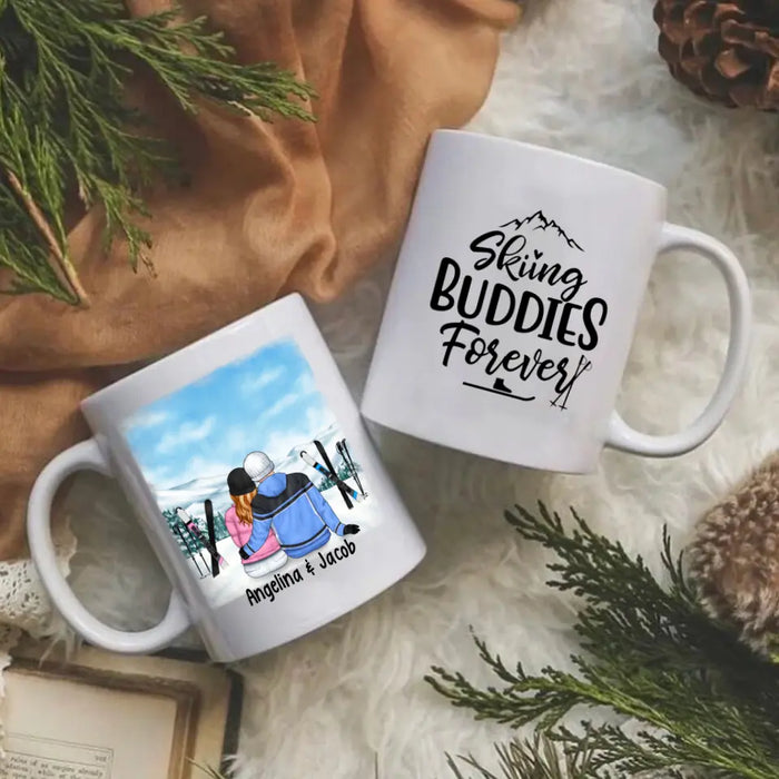 Skiing Couple Sitting Together - Personalized Mug For Her, Him, Skiing