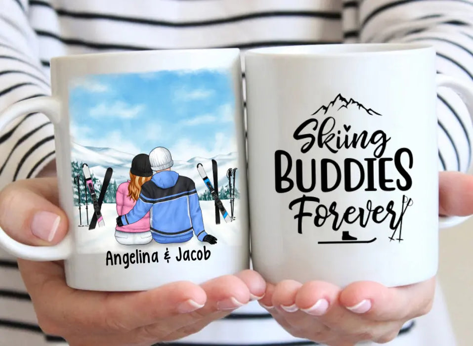 Skiing Couple Sitting Together - Personalized Mug For Her, Him, Skiing