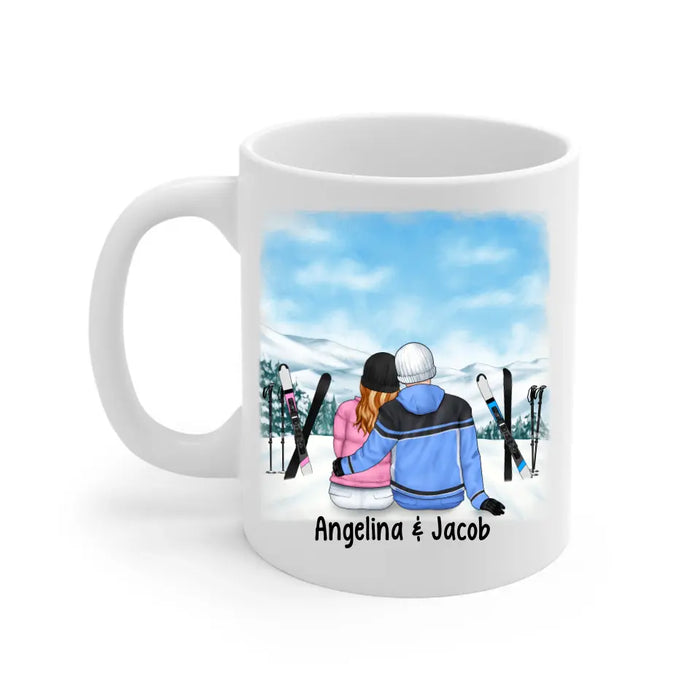 Skiing Couple Sitting Together - Personalized Mug For Her, Him, Skiing