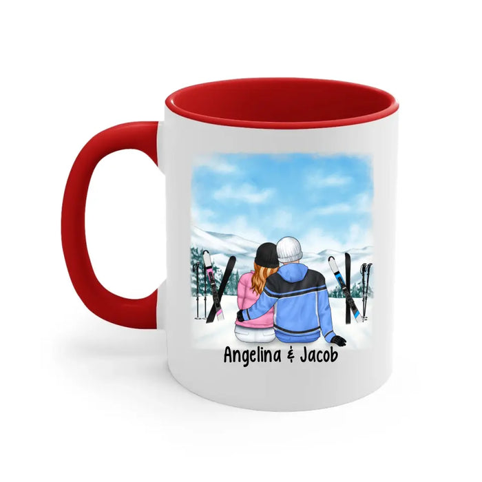 Skiing Couple Sitting Together - Personalized Mug For Her, Him, Skiing
