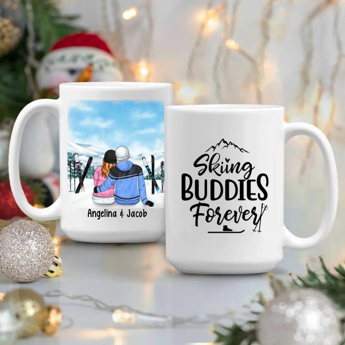 Skiing Couple Sitting Together - Personalized Mug For Her, Him, Skiing