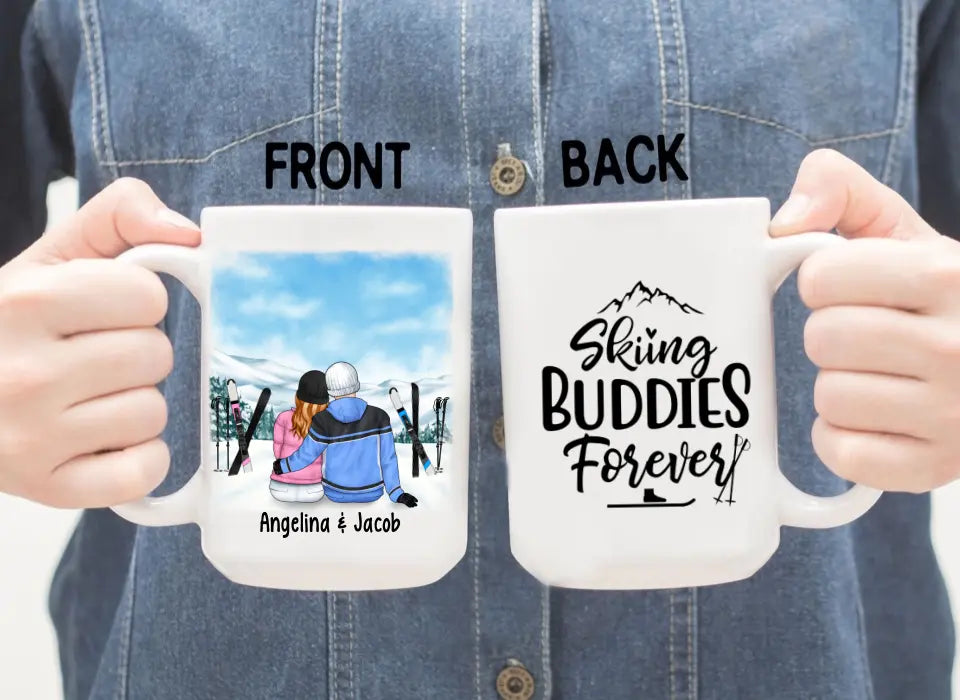 Skiing Couple Sitting Together - Personalized Mug For Her, Him, Skiing