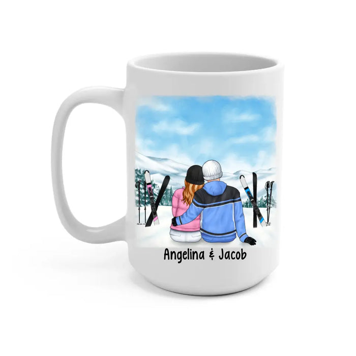 Skiing Couple Sitting Together - Personalized Mug For Her, Him, Skiing