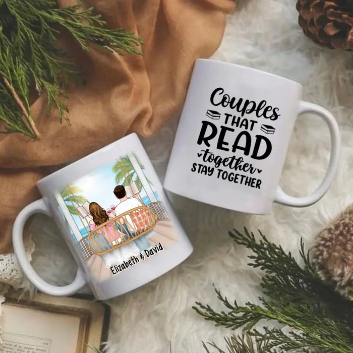 Personalized Mug, Reading Book On Swing, Couple Friends Sisters Gift, Gift For Reading Lovers, Book Lovers