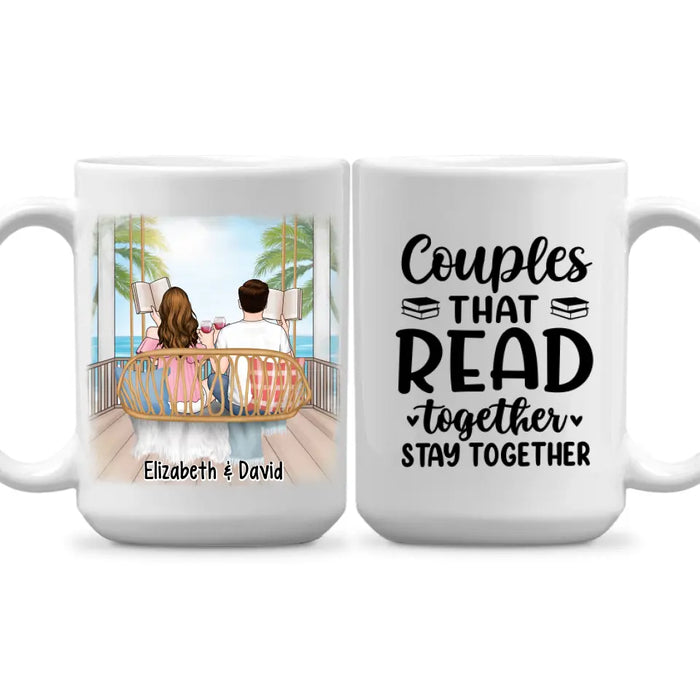 Personalized Mug, Reading Book On Swing, Couple Friends Sisters Gift, Gift For Reading Lovers, Book Lovers