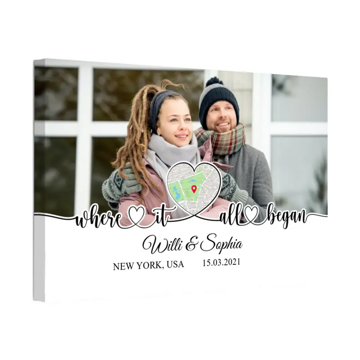 Where It All Began - Personalized Upload Photo Gifts Custom Canvas For Couples, Custom Map Print