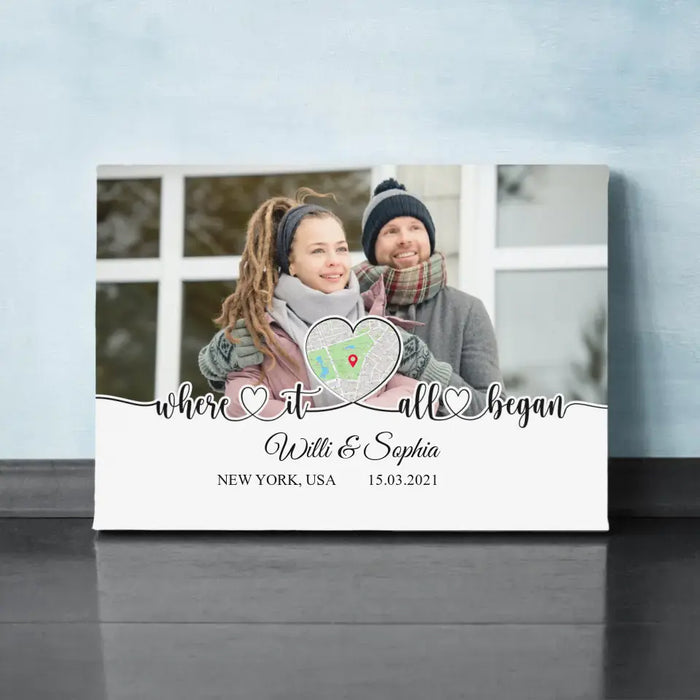 Where It All Began - Personalized Upload Photo Gifts Custom Canvas For Couples, Custom Map Print