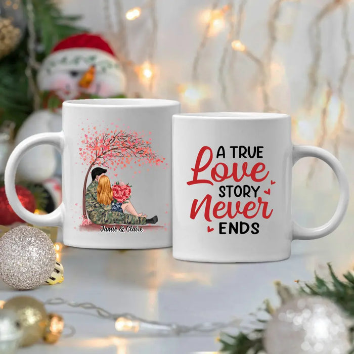 A True Love Story Never Ends - Personalized Valentine Gifts Custom Mug, For Him Her, For Military Couples