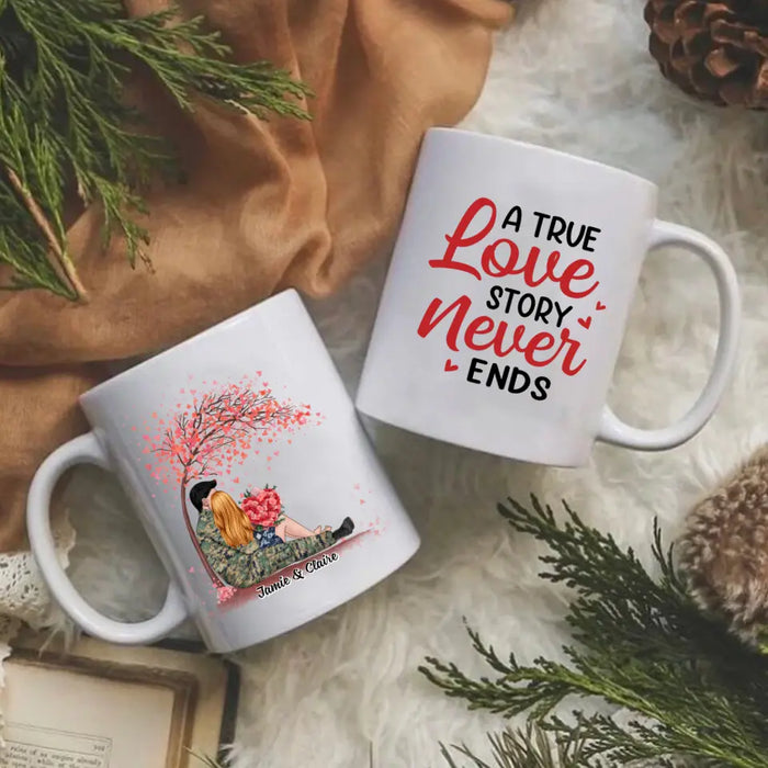 A True Love Story Never Ends - Personalized Valentine Gifts Custom Mug, For Him Her, For Military Couples