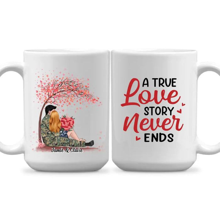 A True Love Story Never Ends - Personalized Valentine Gifts Custom Mug, For Him Her, For Military Couples