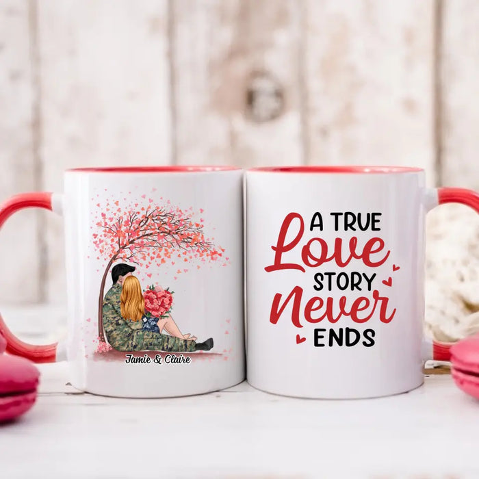 A True Love Story Never Ends - Personalized Valentine Gifts Custom Mug, For Him Her, For Military Couples