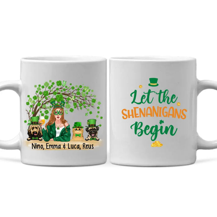 Girl And Pets Shenanigans Begin - Personalized Mug Dog Lovers, Cat Lovers, St. Patrick's Day