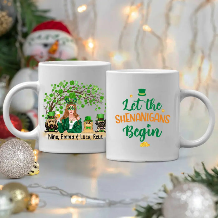 Girl And Pets Shenanigans Begin - Personalized Mug Dog Lovers, Cat Lovers, St. Patrick's Day