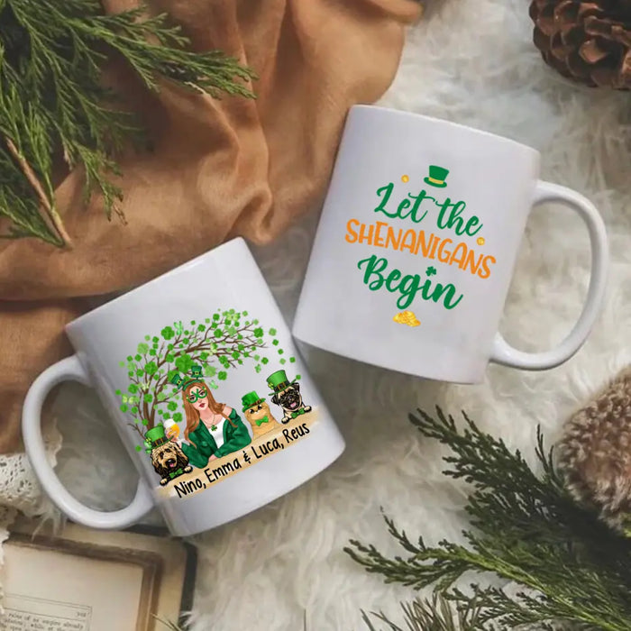 Girl And Pets Shenanigans Begin - Personalized Mug Dog Lovers, Cat Lovers, St. Patrick's Day