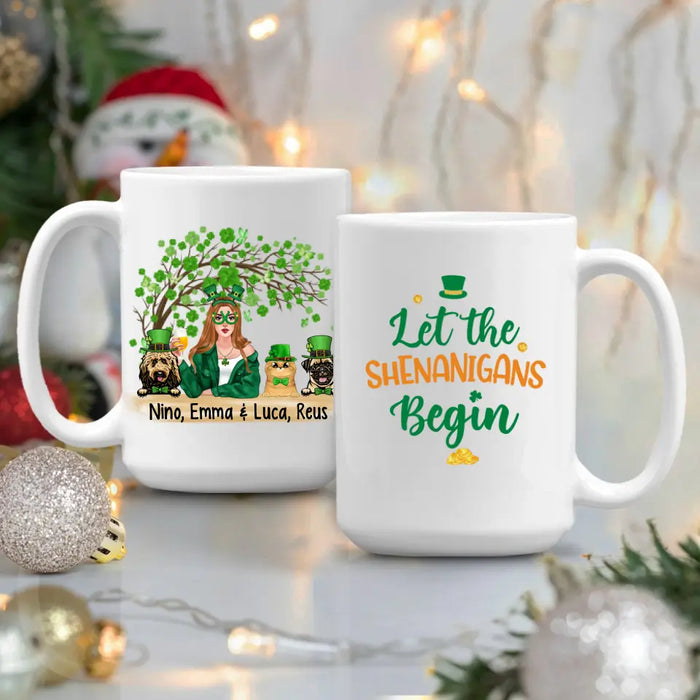 Girl And Pets Shenanigans Begin - Personalized Mug Dog Lovers, Cat Lovers, St. Patrick's Day